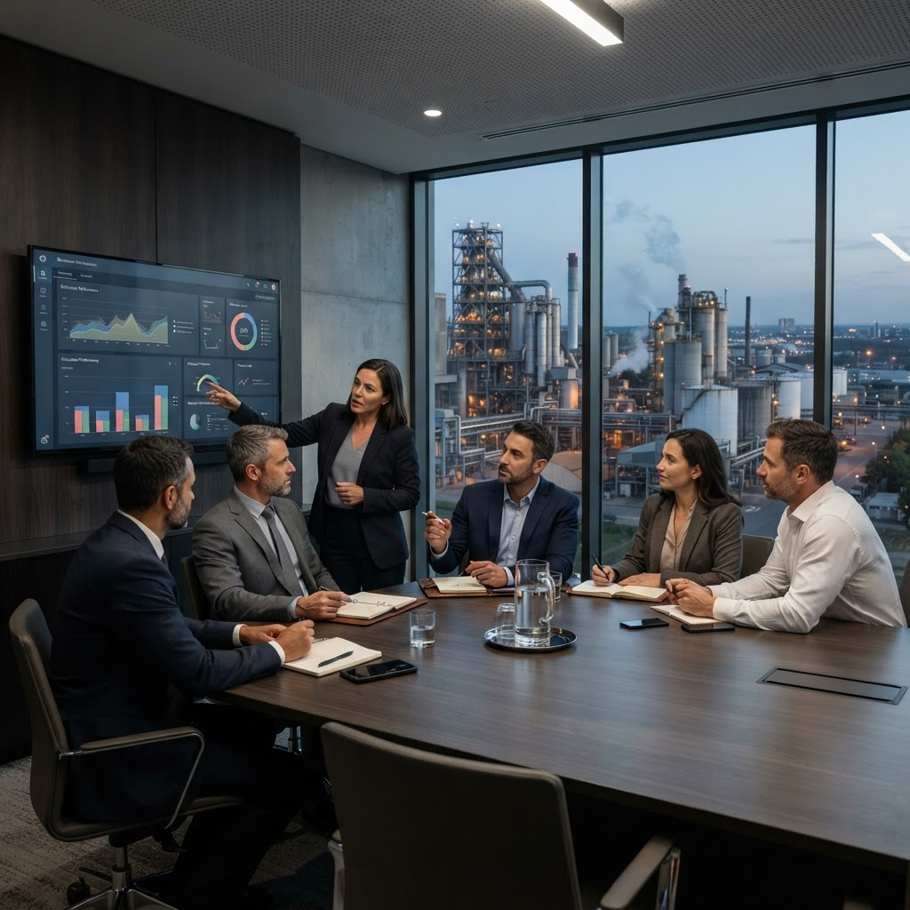 Sustainability, finance, operations and procurement leaders reviewing emissions data