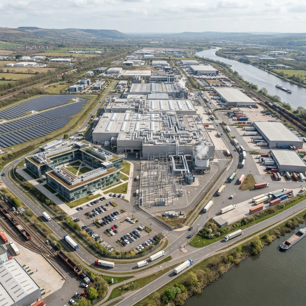 Multi-site manufacturing and logistics operations viewed from above