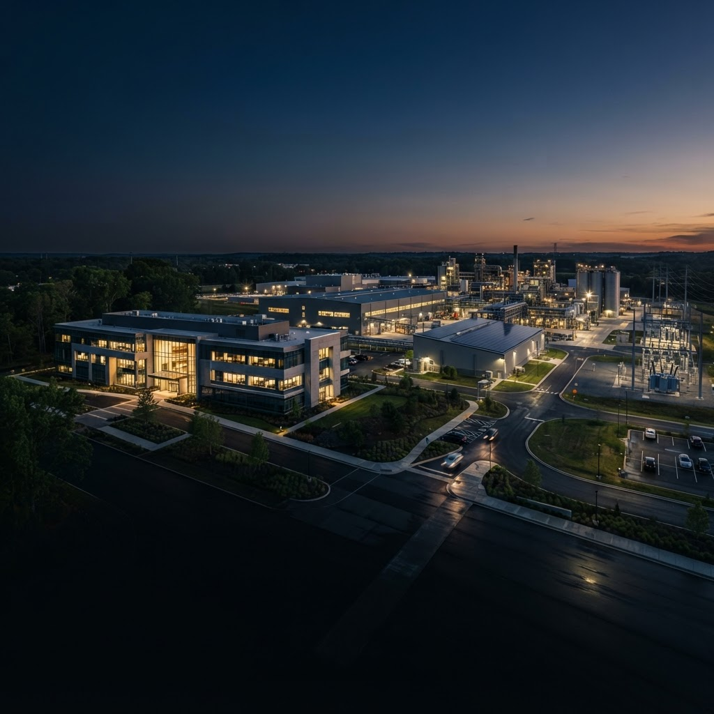 Modern industrial and energy operations at dusk
