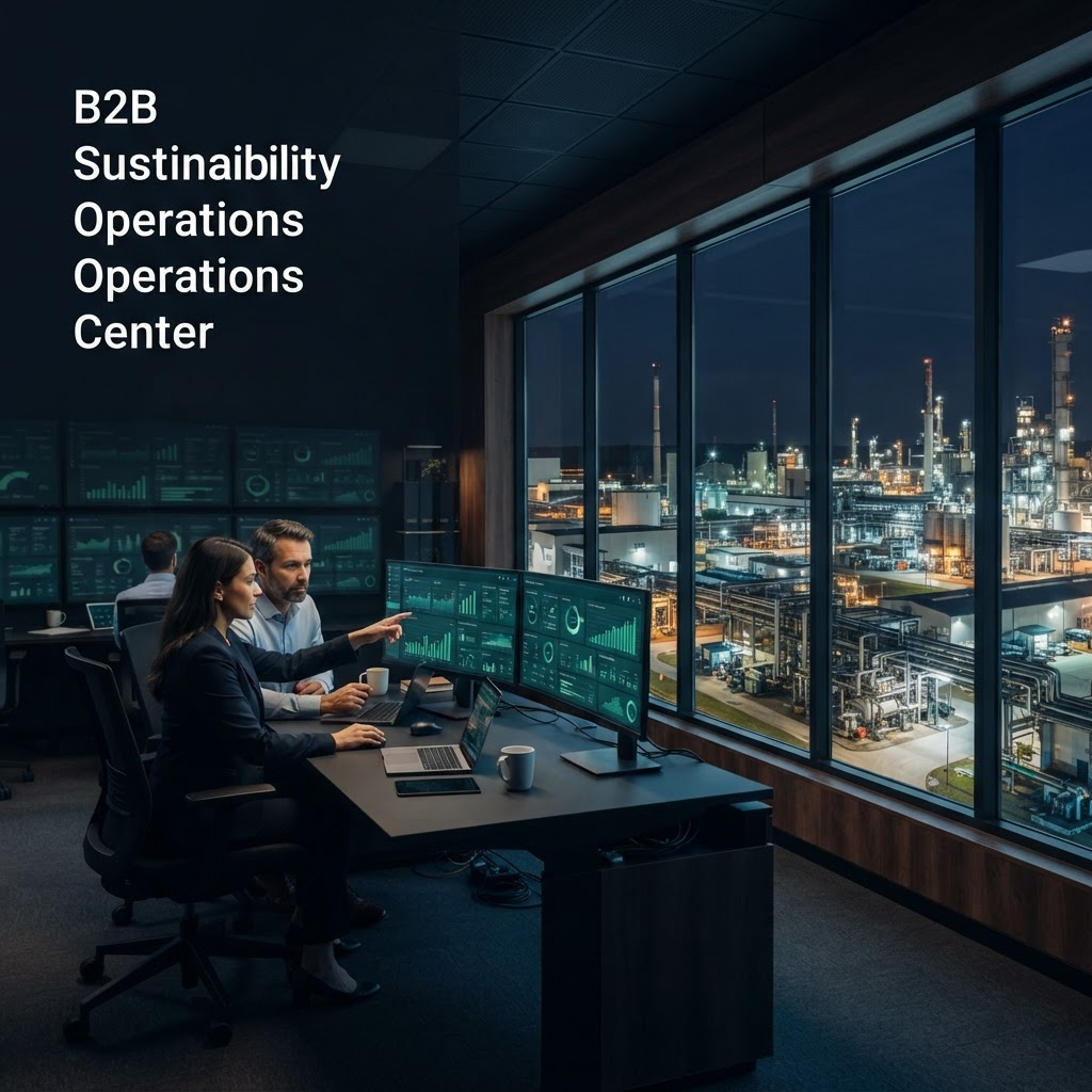 Sustainability analysts reviewing emissions intelligence above industrial operations