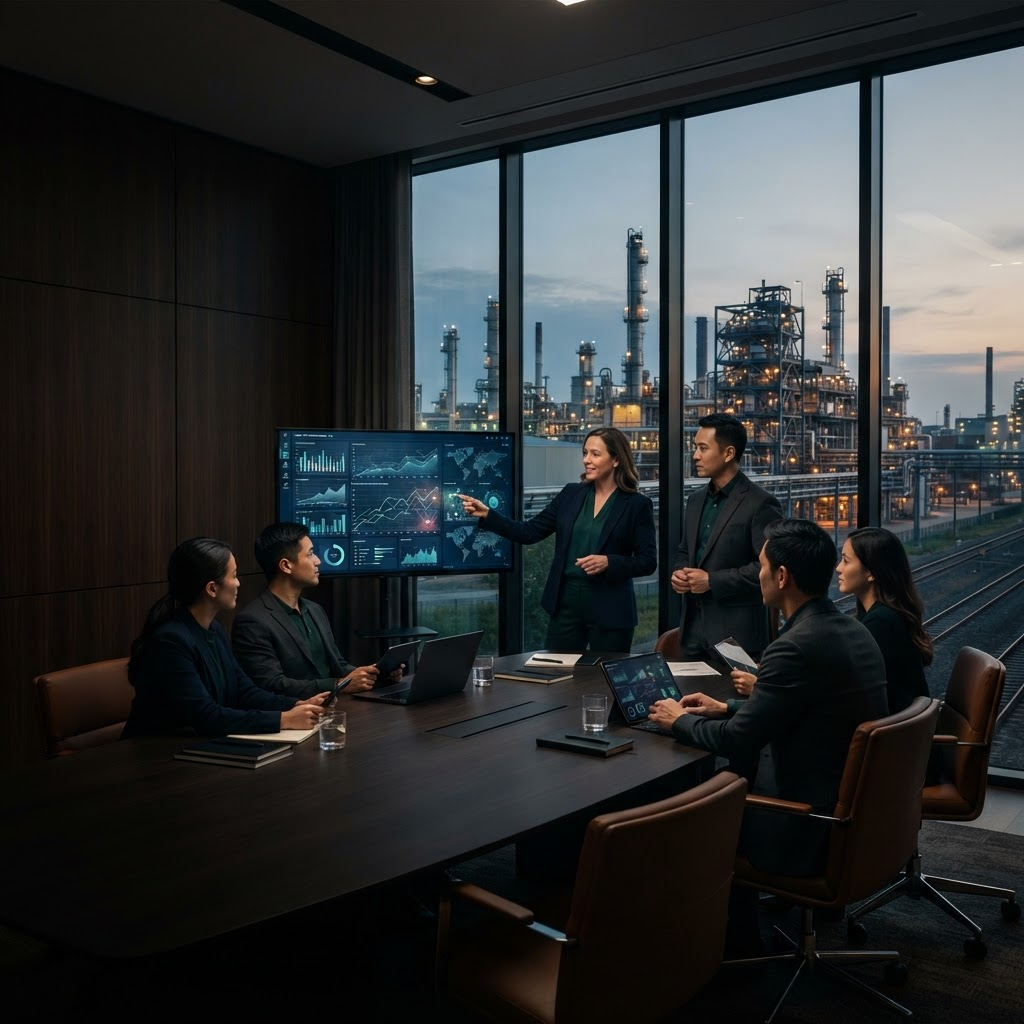 Corporate sustainability team reviewing climate performance