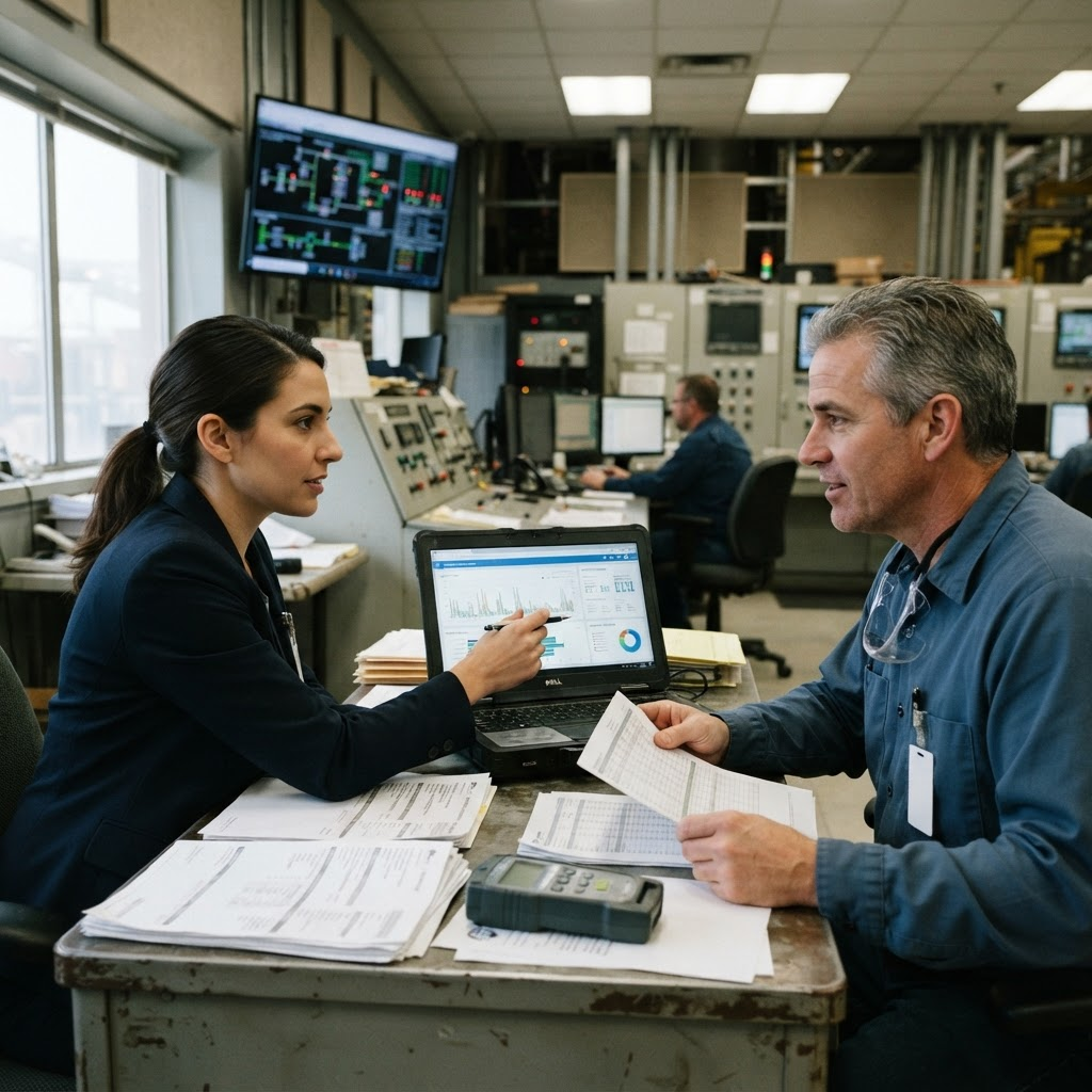 Sustainability analyst and facilities engineer reviewing source evidence