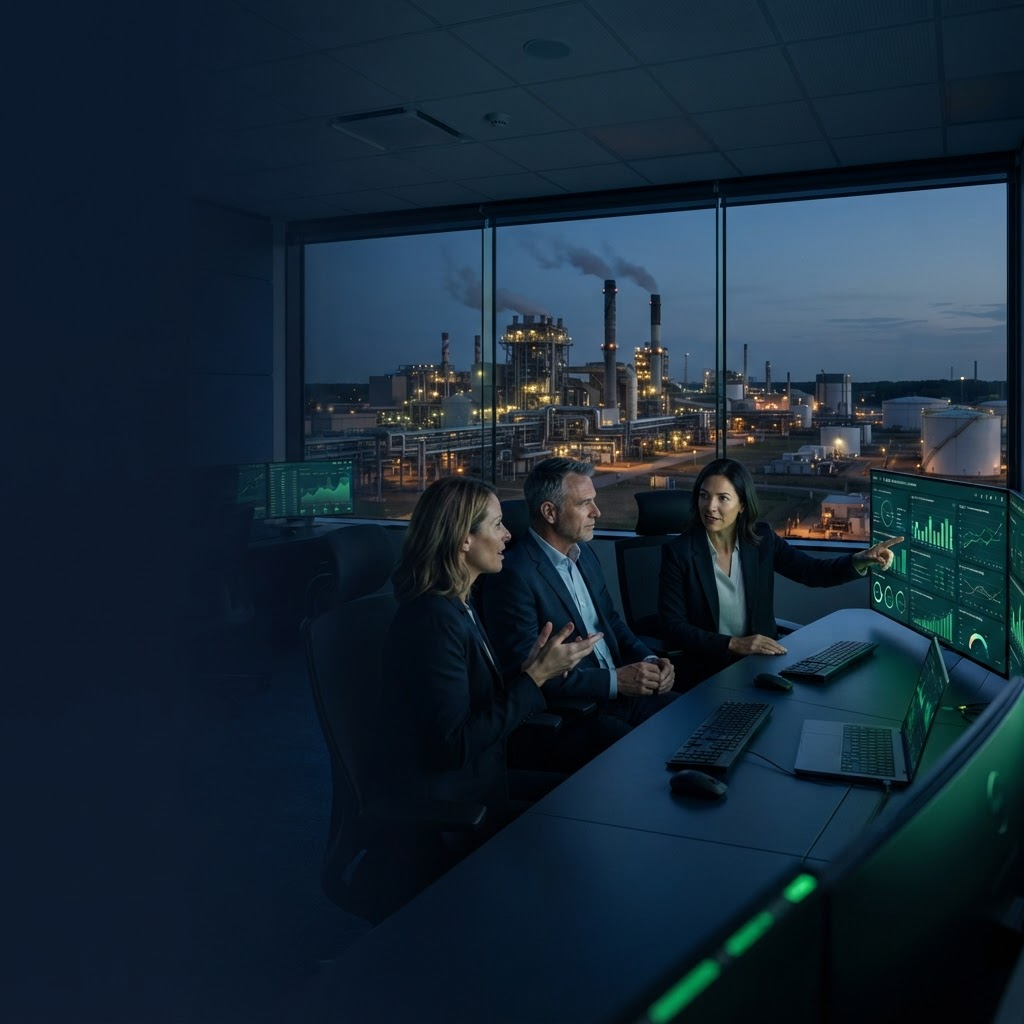 Sustainability and finance leaders reviewing emissions data beside industrial operations