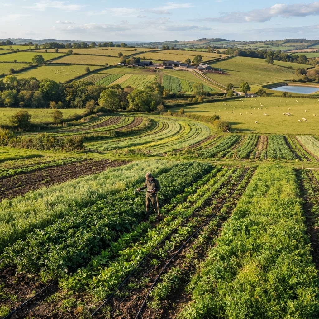 Farmer inspecting crops across regenerative agriculture fields