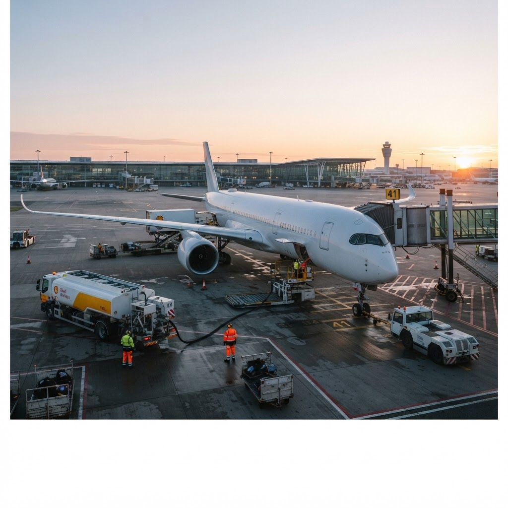 Passenger aircraft being serviced on an airport apron