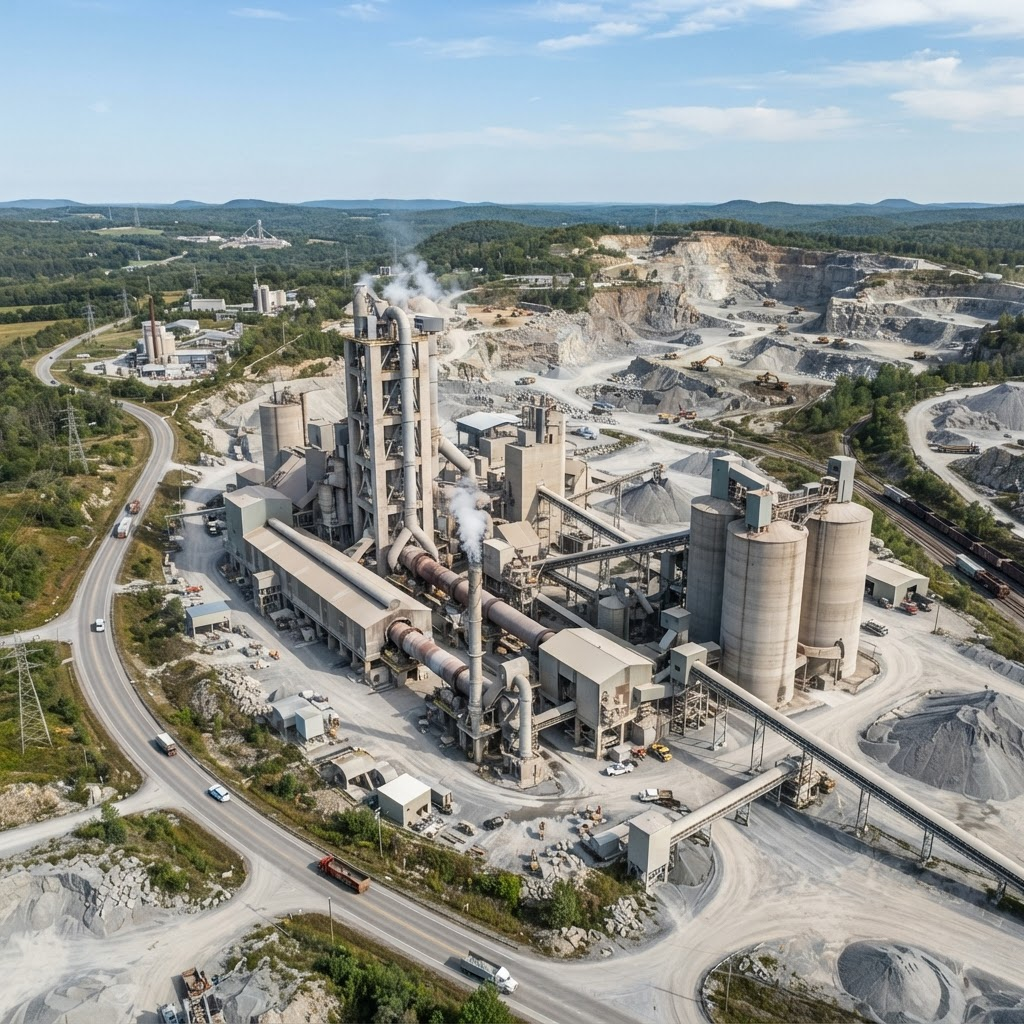 Modern cement production facility with kilns and silos