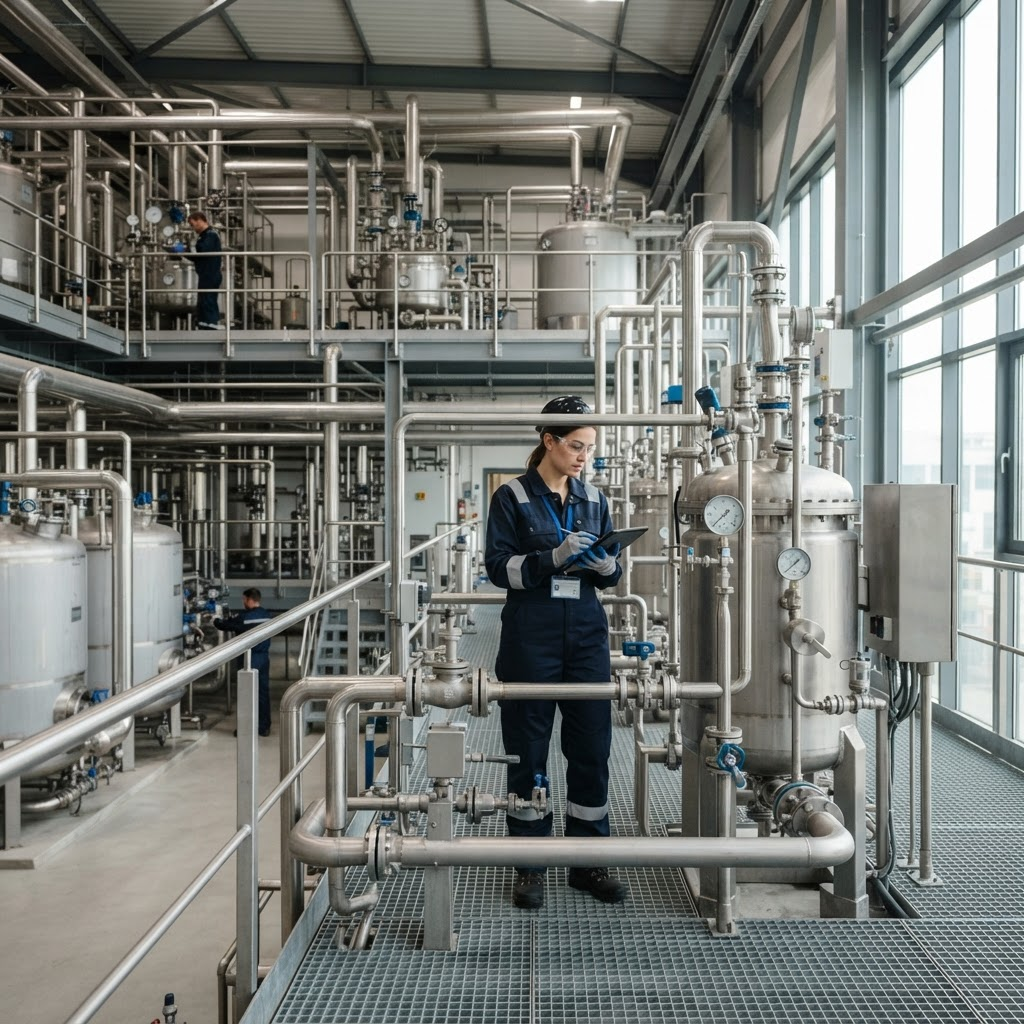Process engineer inspecting a chemical production facility