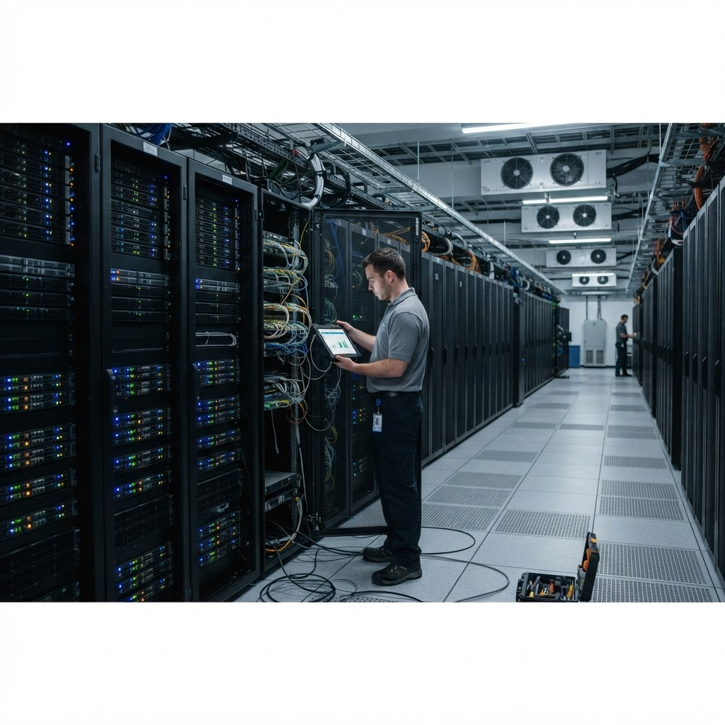 Engineer inspecting systems inside a modern data centre