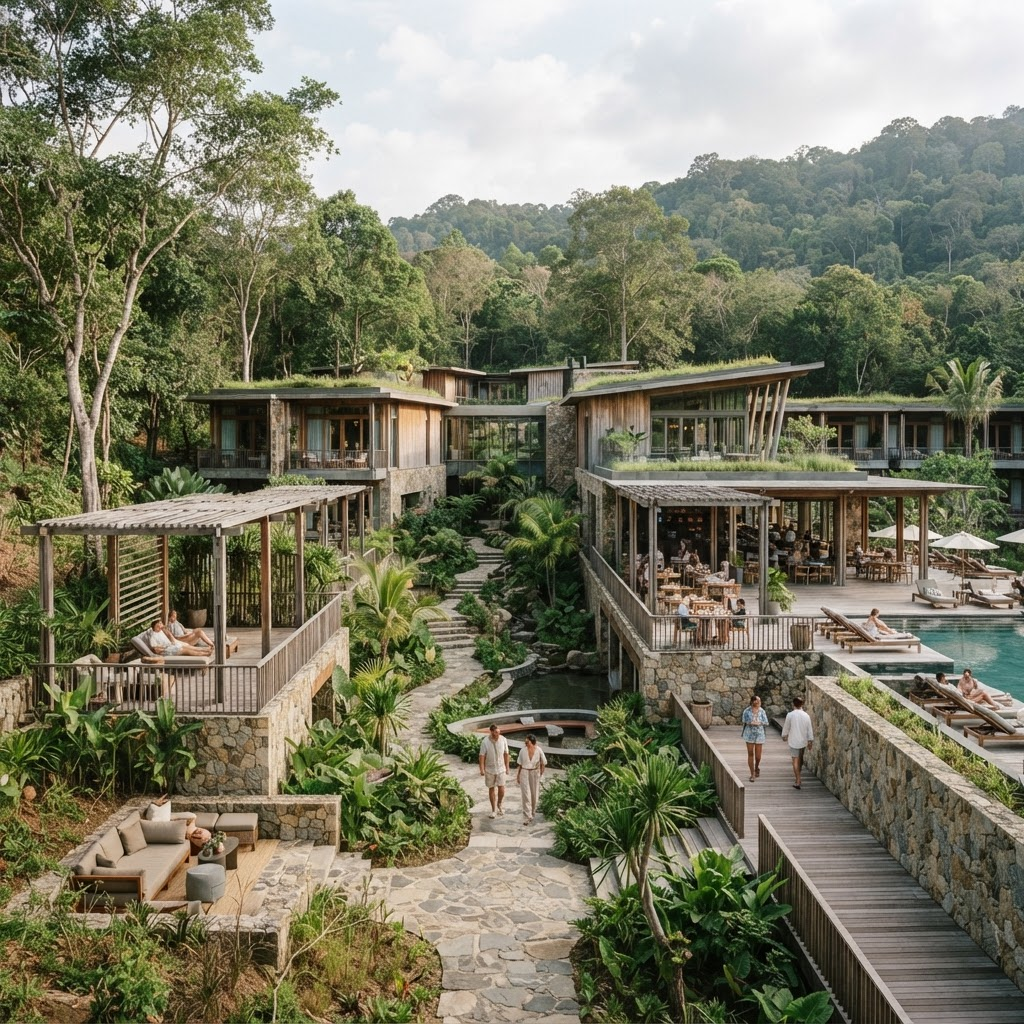Contemporary sustainable hotel surrounded by landscaping