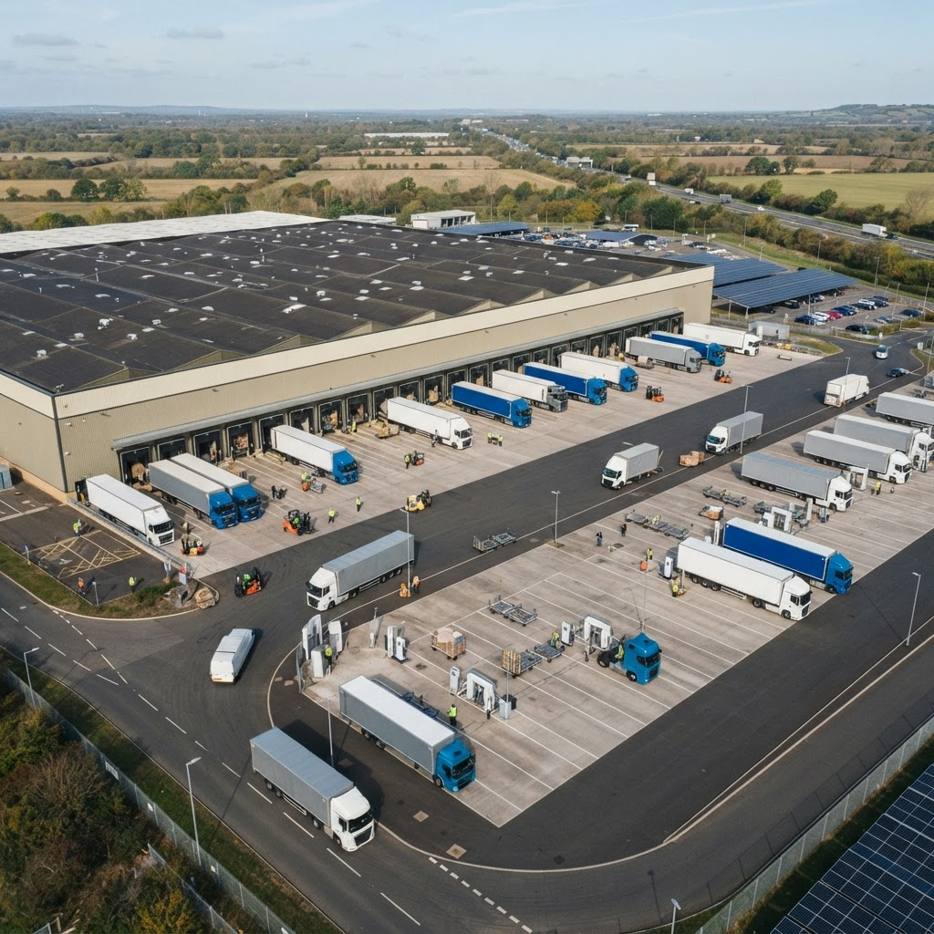 Distribution hub with trucks and organised freight operations