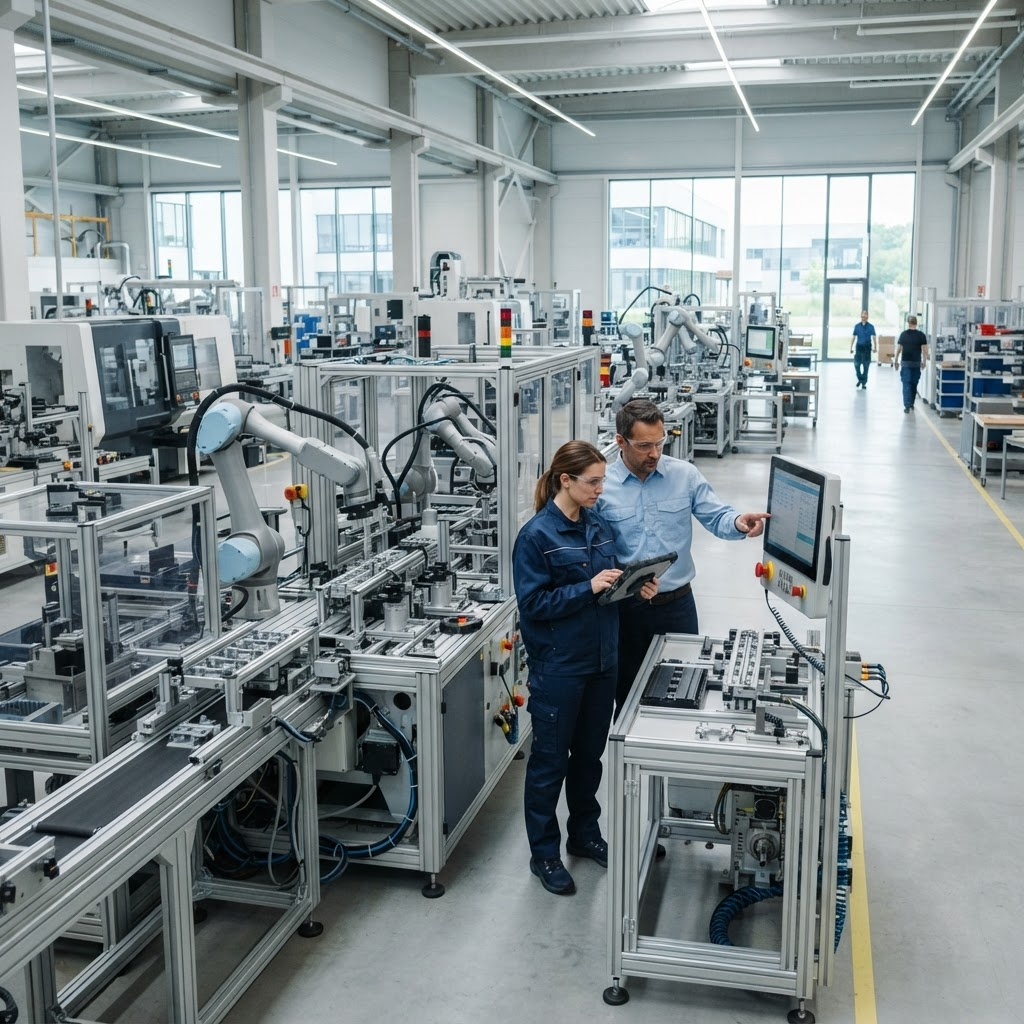 Workers inspecting machinery on a modern manufacturing floor