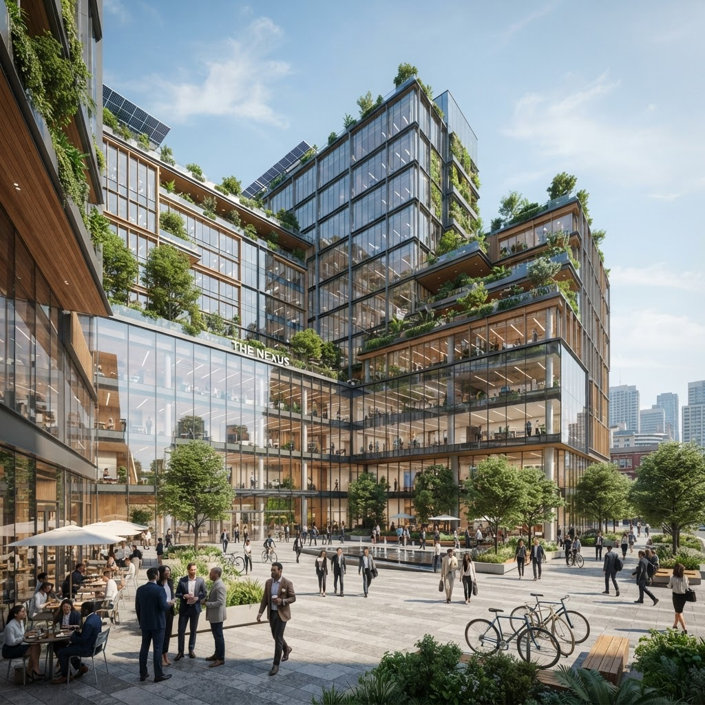 Sustainable commercial buildings with planted terraces