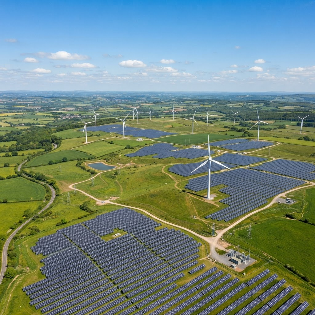 Wind turbines and solar panels across a green landscape