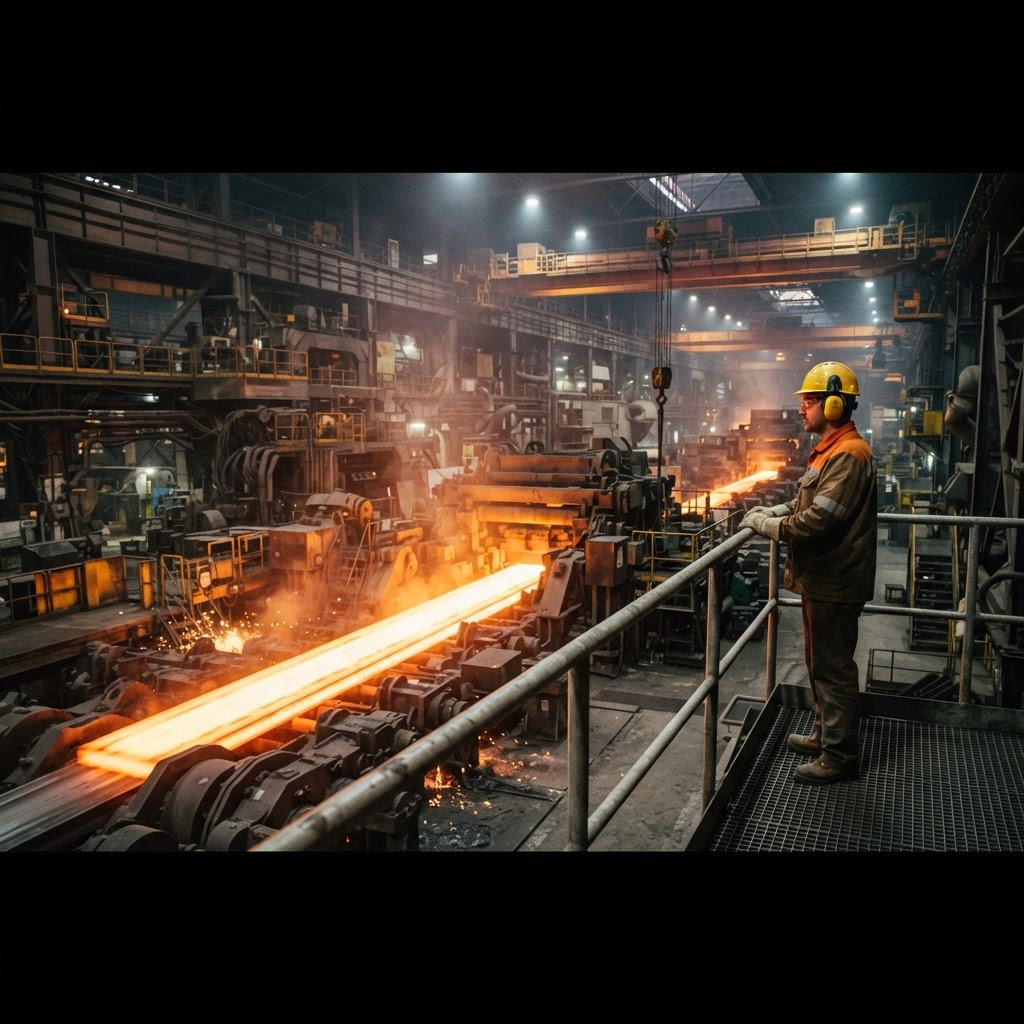 Engineer observing operations inside a modern steel mill