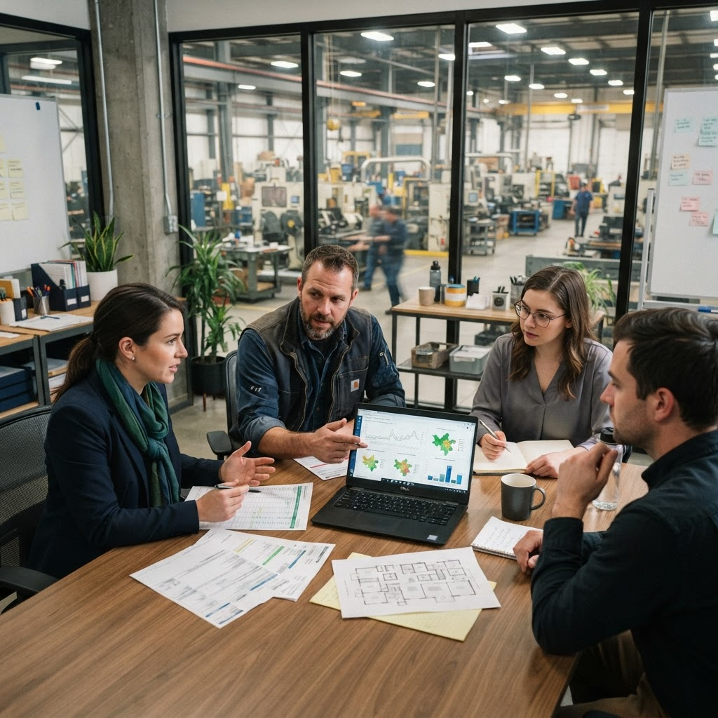 Climate consultants and an operations team reviewing facility data