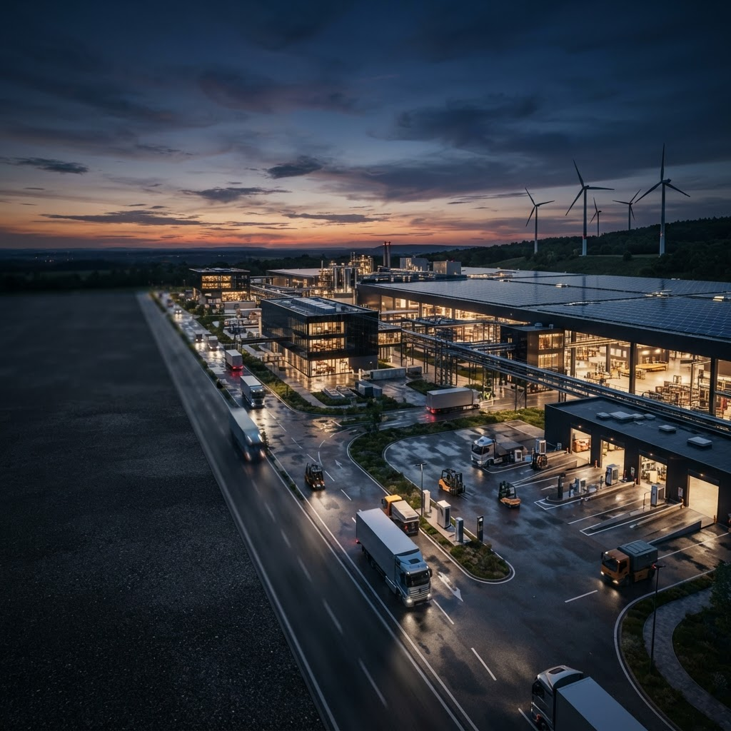 Industrial energy transition infrastructure operating at dusk