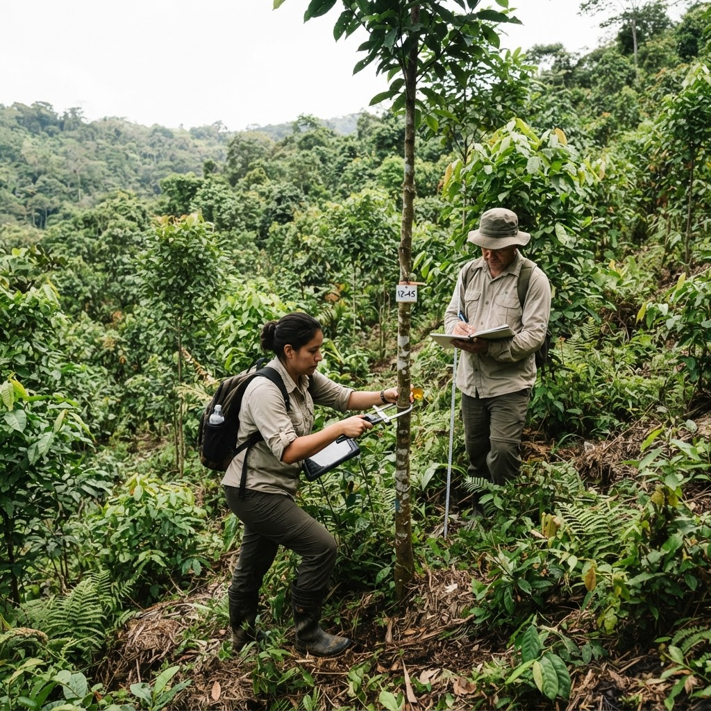 Field technicians measuring tree growth at a forest restoration project