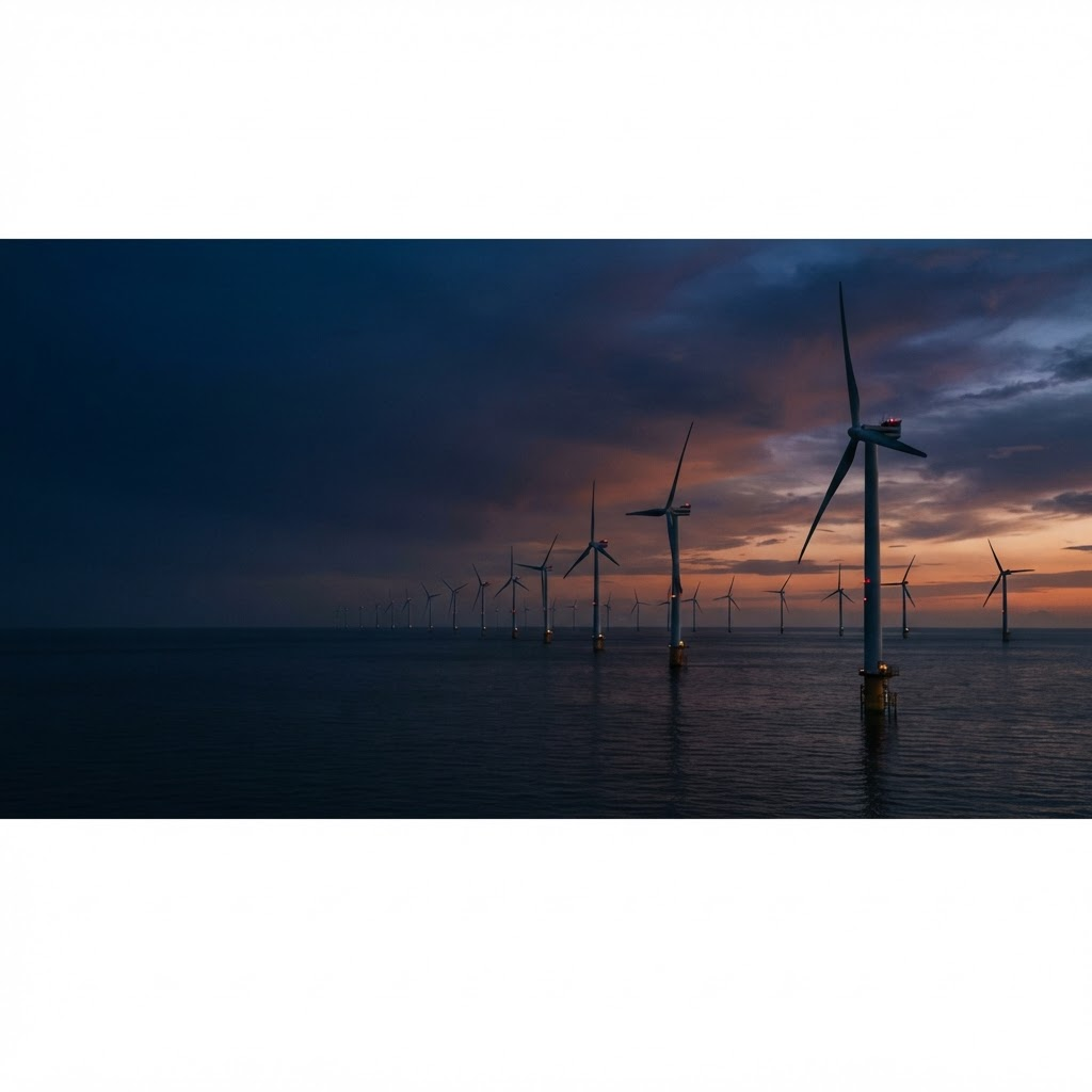 Coastal wind farm at dusk
