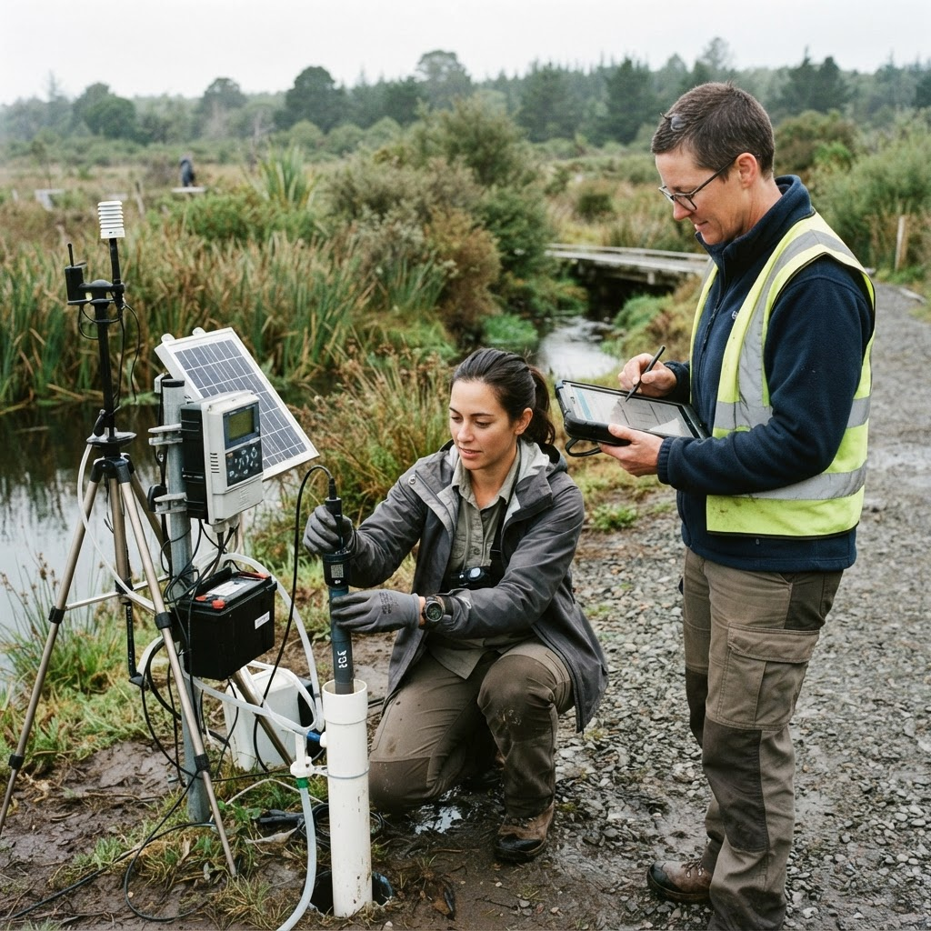 An auditor and a scientist recording verification data at an environmental project site