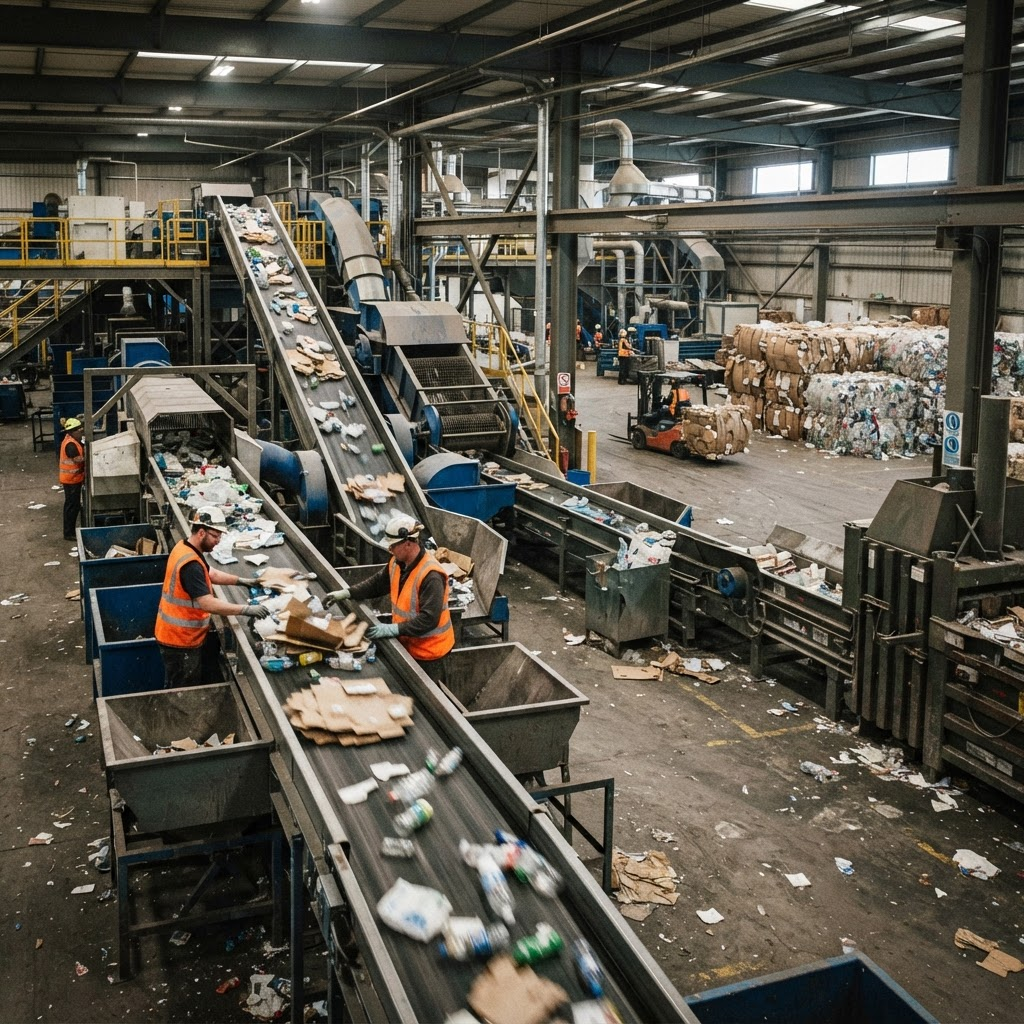 Conveyor sorting lines inside a modern material recovery and recycling facility