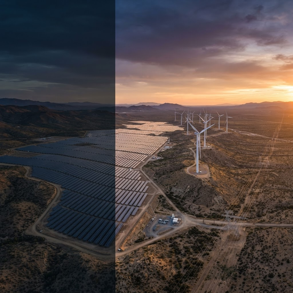 Utility-scale solar farm beside wind turbines at golden hour