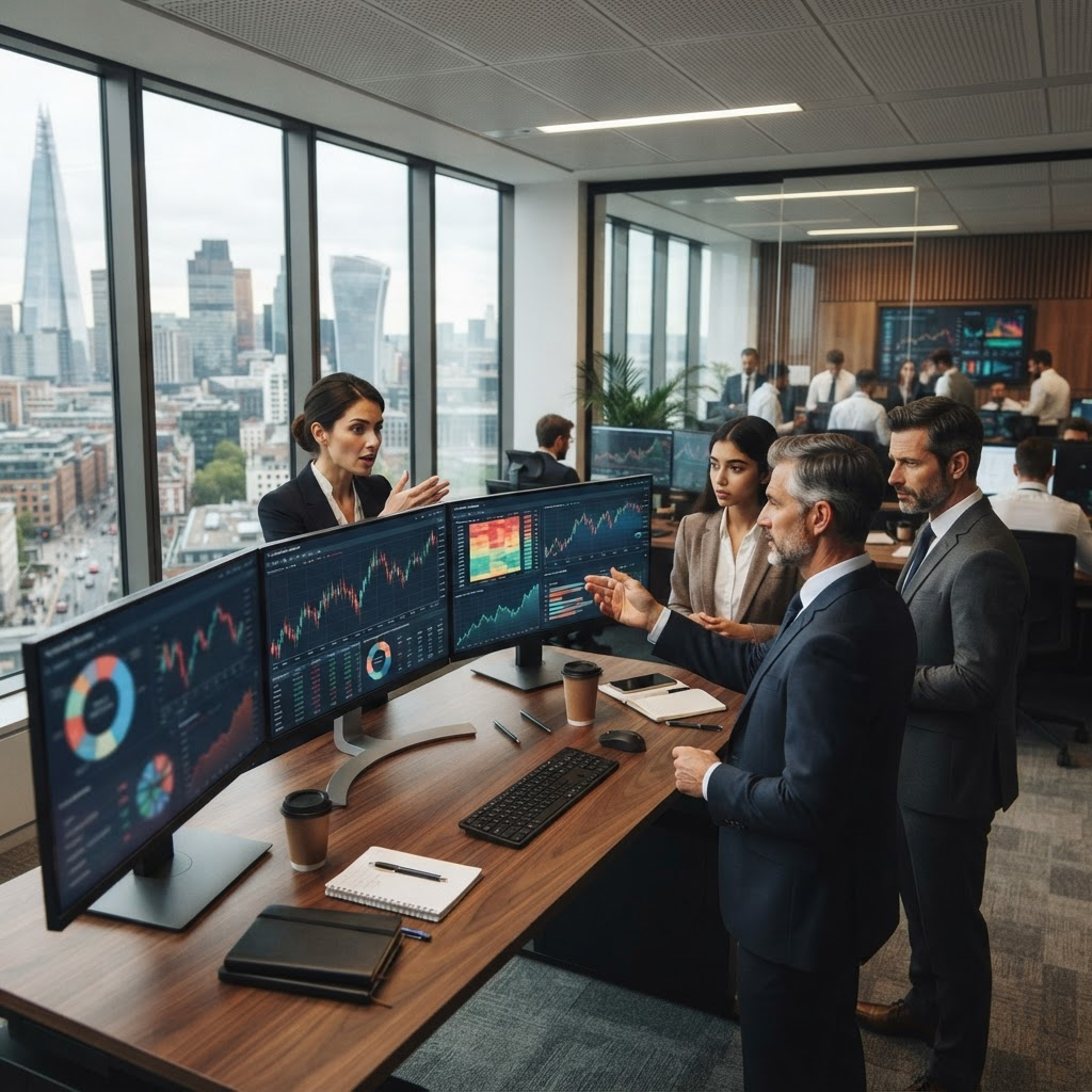 Corporate finance team reviewing portfolio data on large monitors