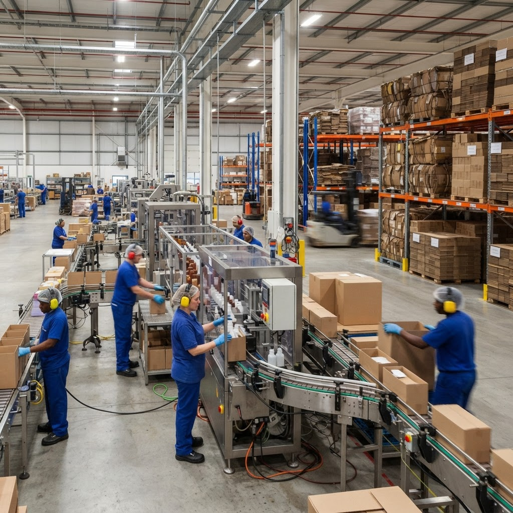 Consumer goods packaging line with stacked recyclable packaging materials