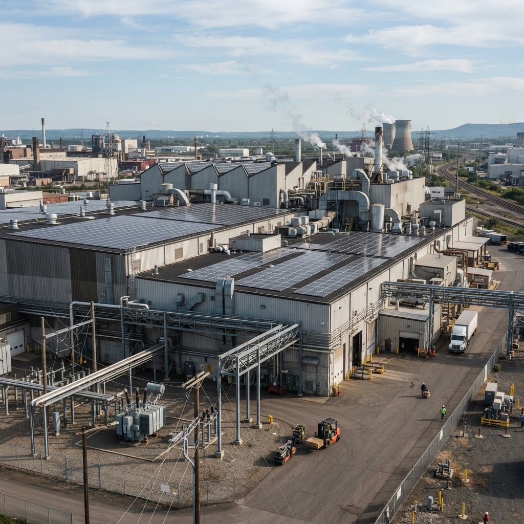Manufacturing plant with rooftop solar and industrial energy infrastructure