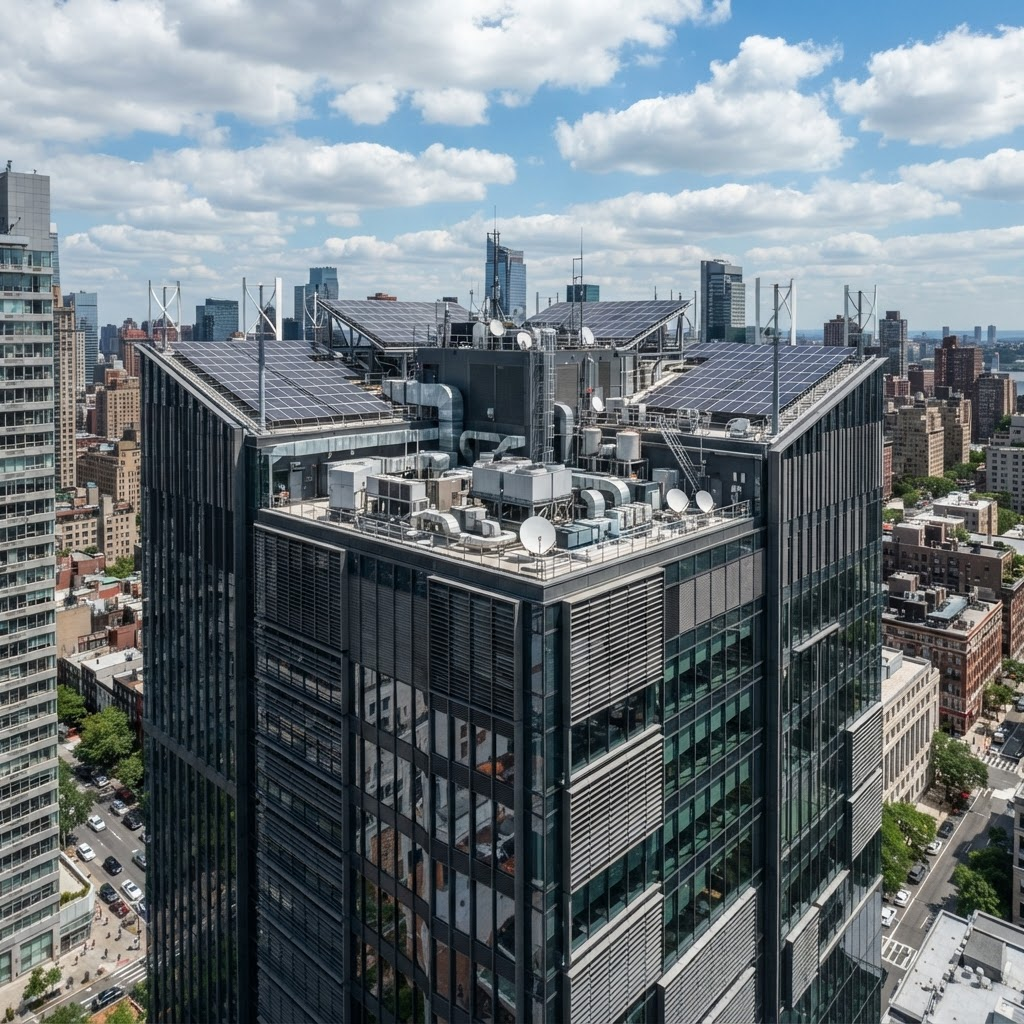 Modern commercial office tower with rooftop renewable energy equipment