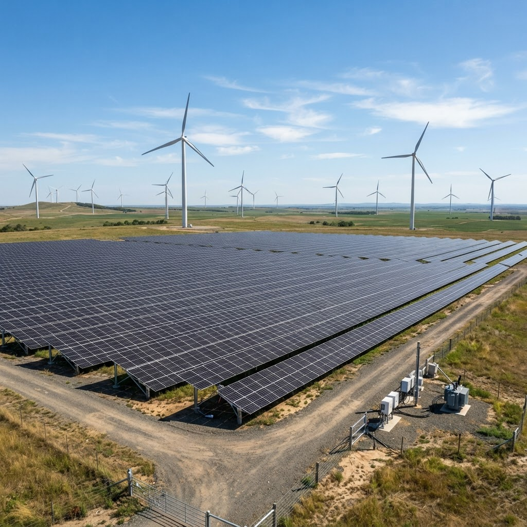 Wind turbines and a solar array at a renewable electricity generation site