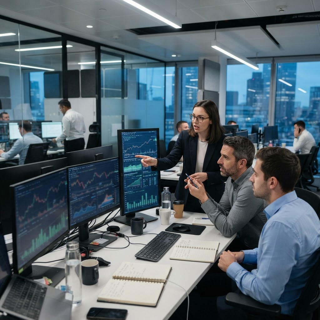 Sustainability and trading professionals reviewing registry and market data