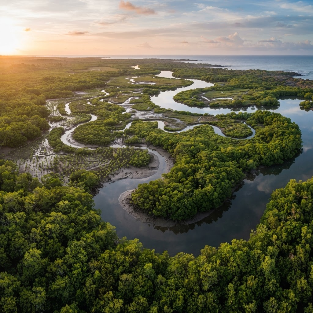 Aerial view of a mangrove restoration and wetland conservation landscape