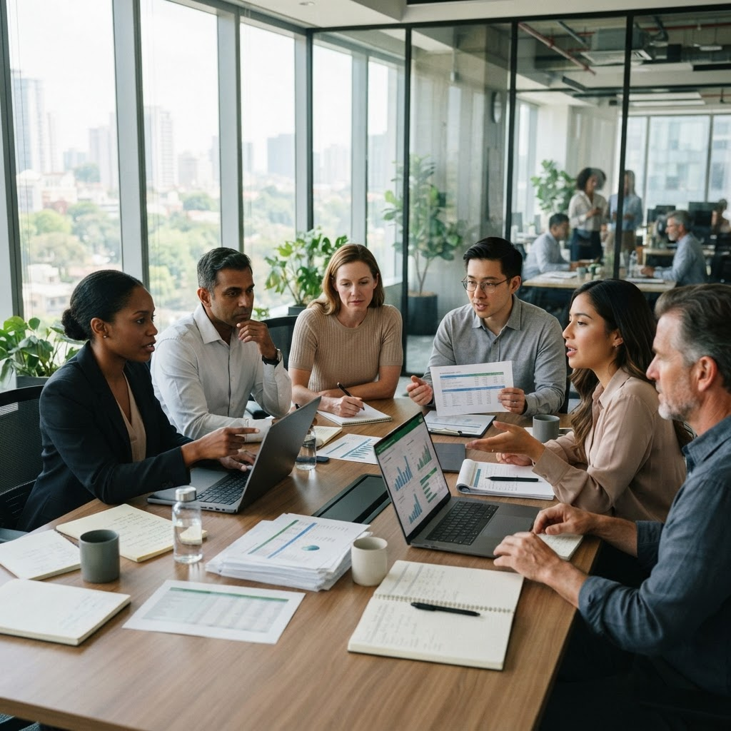 Corporate sustainability and finance teams working together in an enterprise office