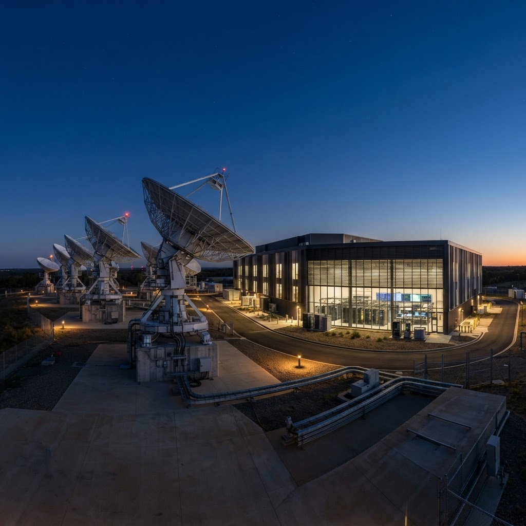 Satellite ground station antennas beside a data centre at dusk