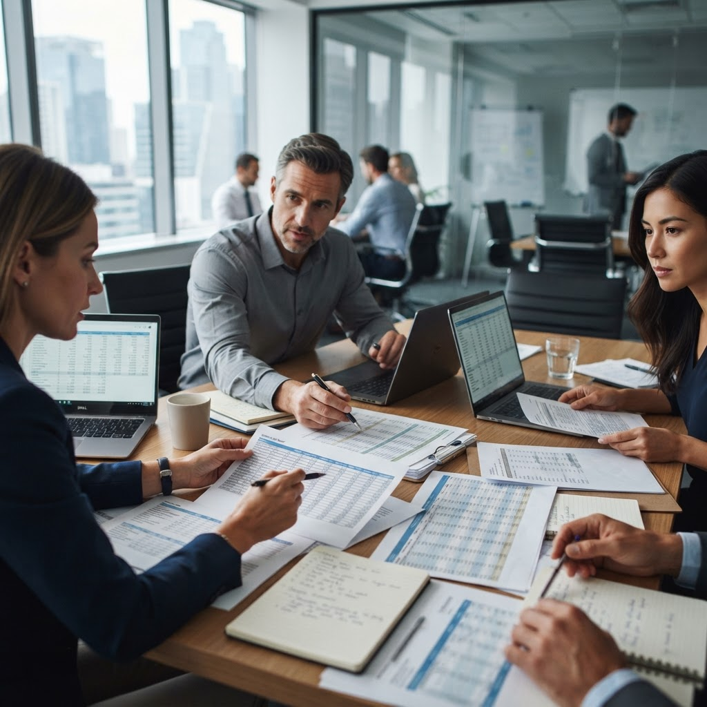 Auditors reviewing corporate reporting data across a boardroom table