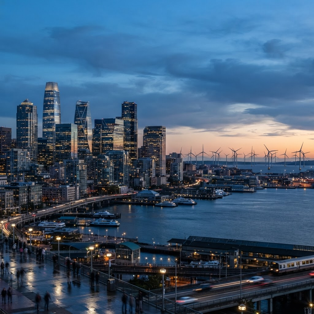 Financial district skyline at dusk with wind turbines on the horizon