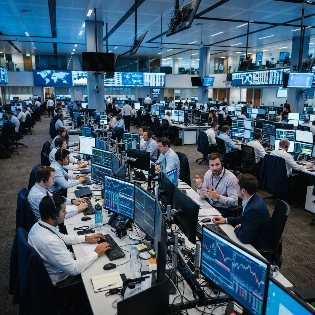 Analysts monitoring commodity market data on a trading floor