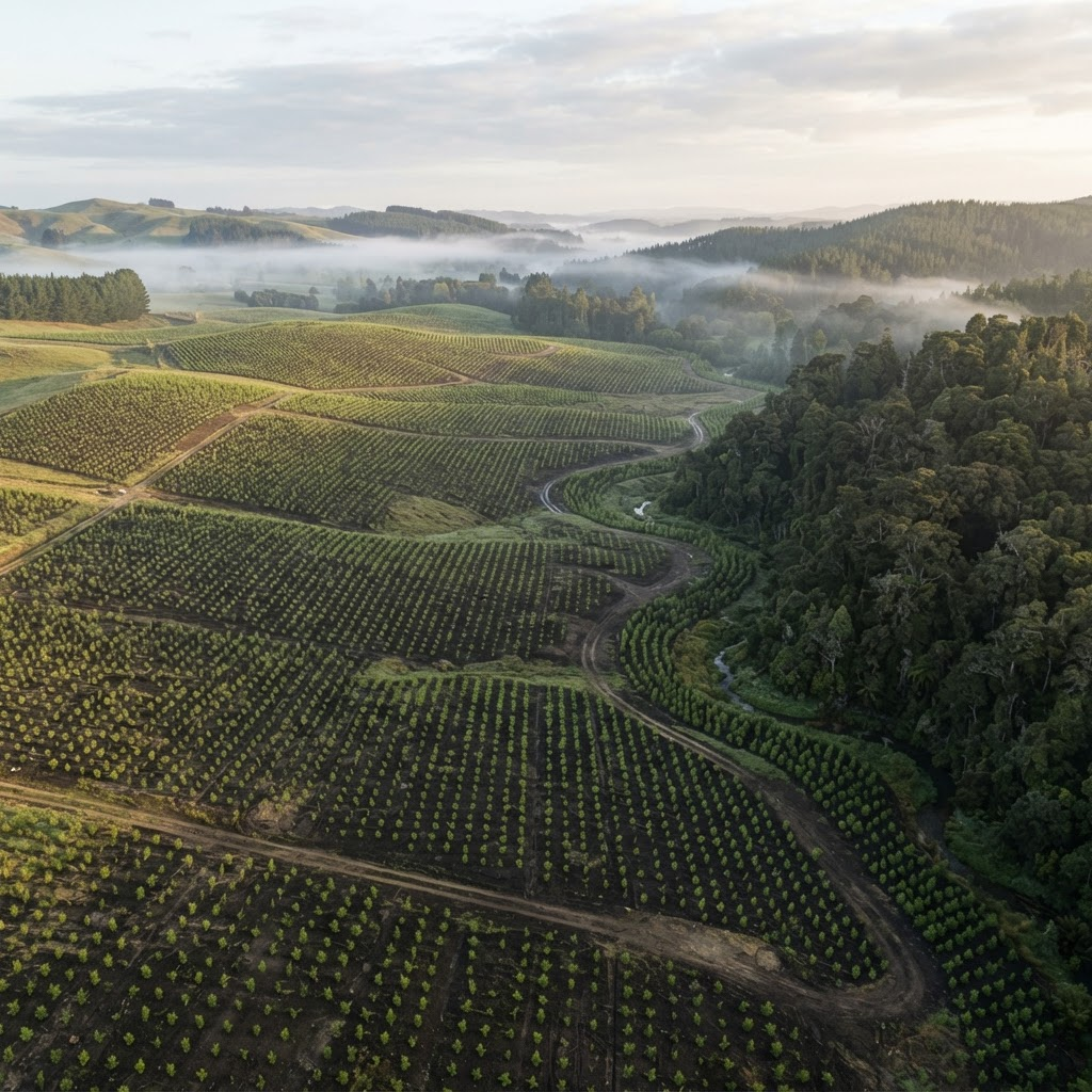 Aerial view of a reforestation project bordering mature natural forest