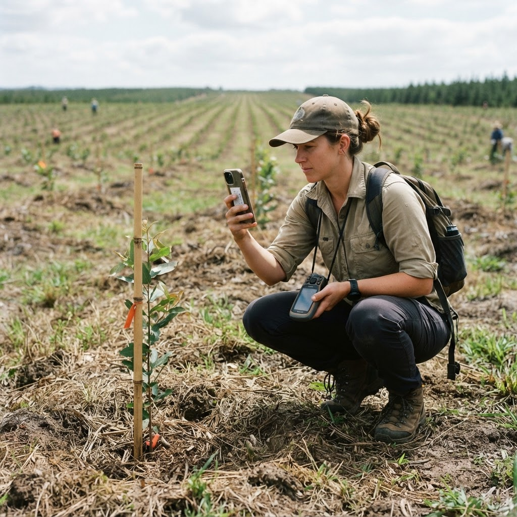 Field surveyor capturing a geo-tagged photograph of a planted sapling on a smartphone