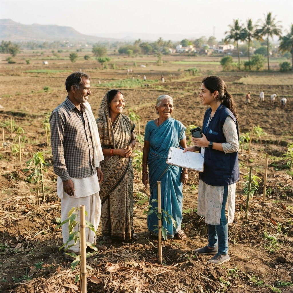 Smallholder farmers standing with an NGO field officer beside newly planted saplings