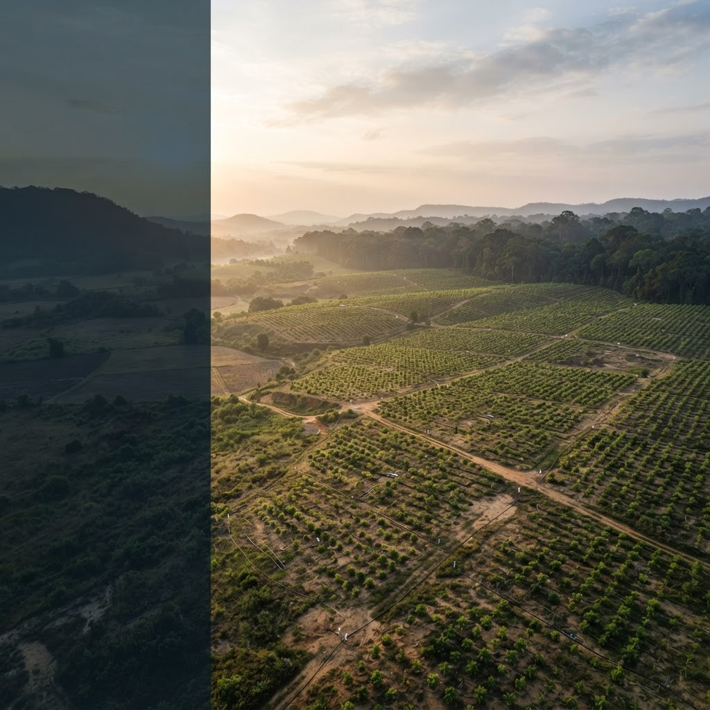 Aerial view of a large-scale tree plantation project meeting mature forest at sunrise