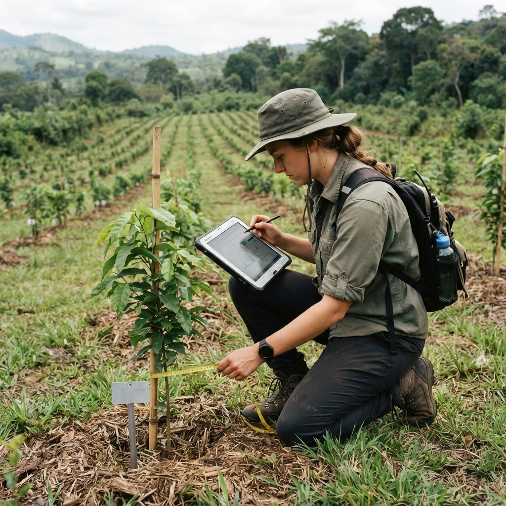 Field technician measuring a sapling and recording monitoring data on a rugged tablet