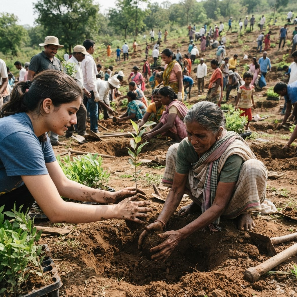 Volunteers and villagers planting sapling seedlings during a community plantation drive