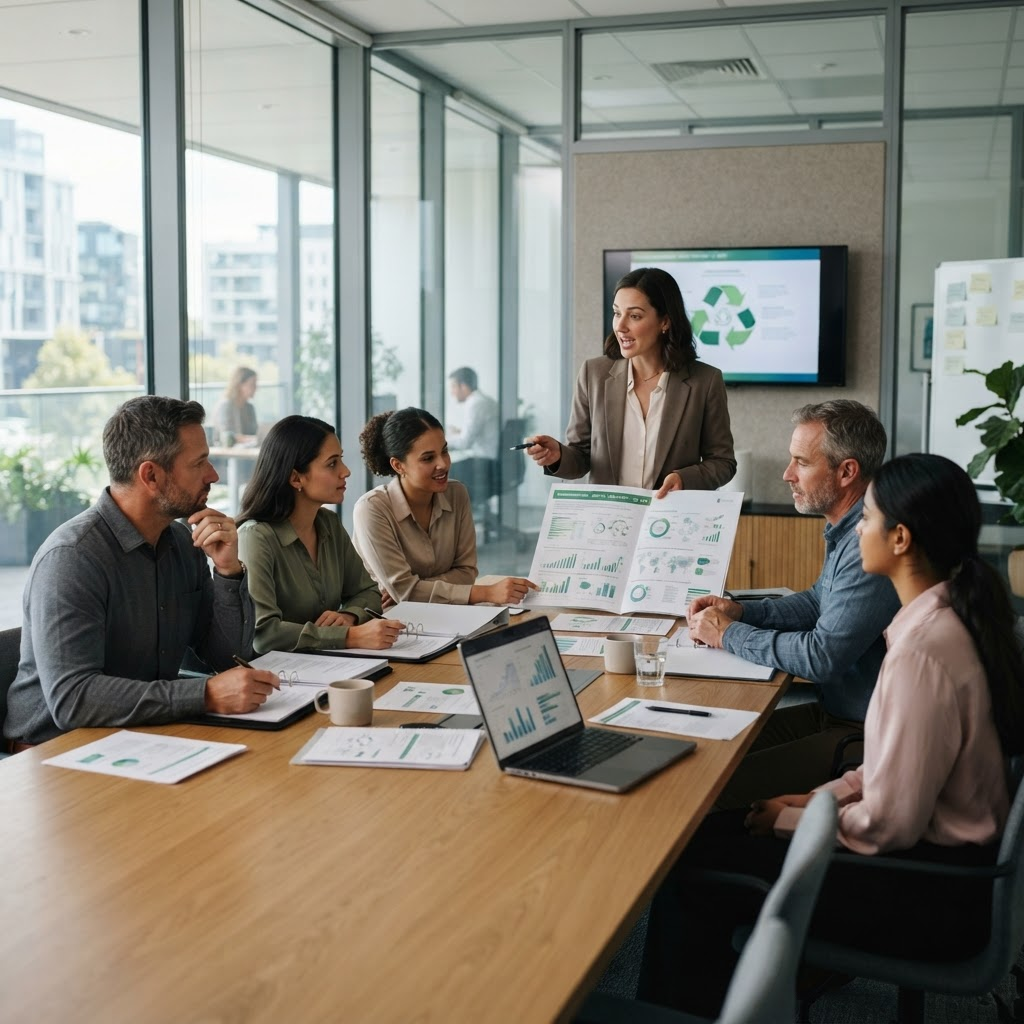 Corporate CSR team reviewing an environmental impact report in a meeting room