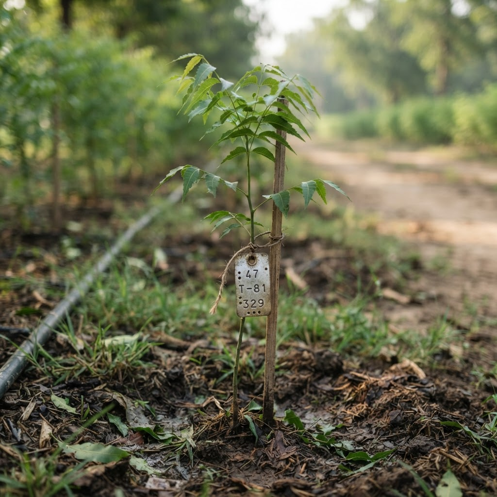 Young neem sapling carrying a numbered identification tag in a plantation row