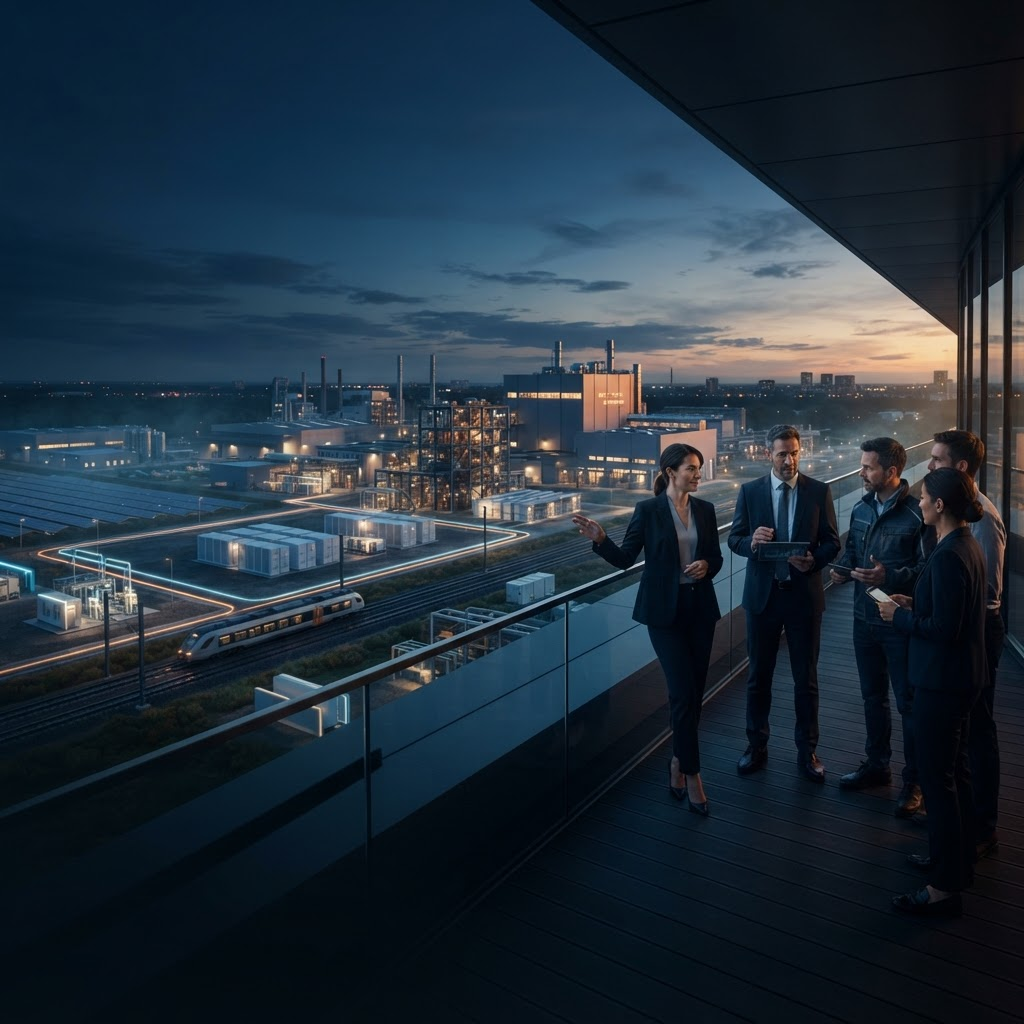 Leadership and engineers overseeing an industrial transition