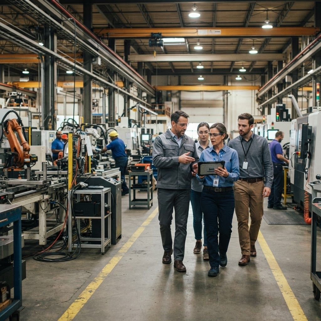 Operations leaders and engineers coordinating implementation in a manufacturing facility