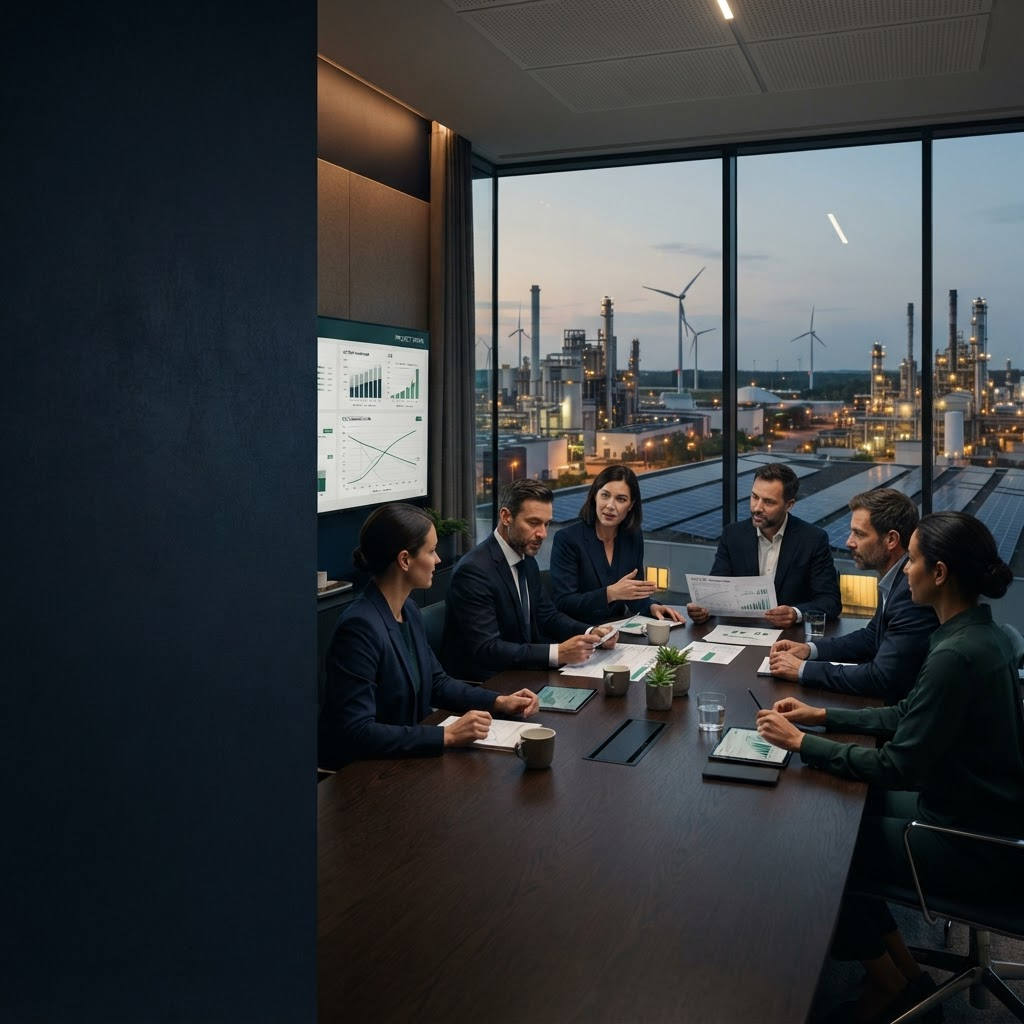 Executives reviewing a Net Zero transition strategy above industrial operations