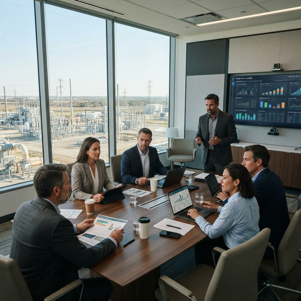 Finance, operations and sustainability leaders reviewing transition investment scenarios