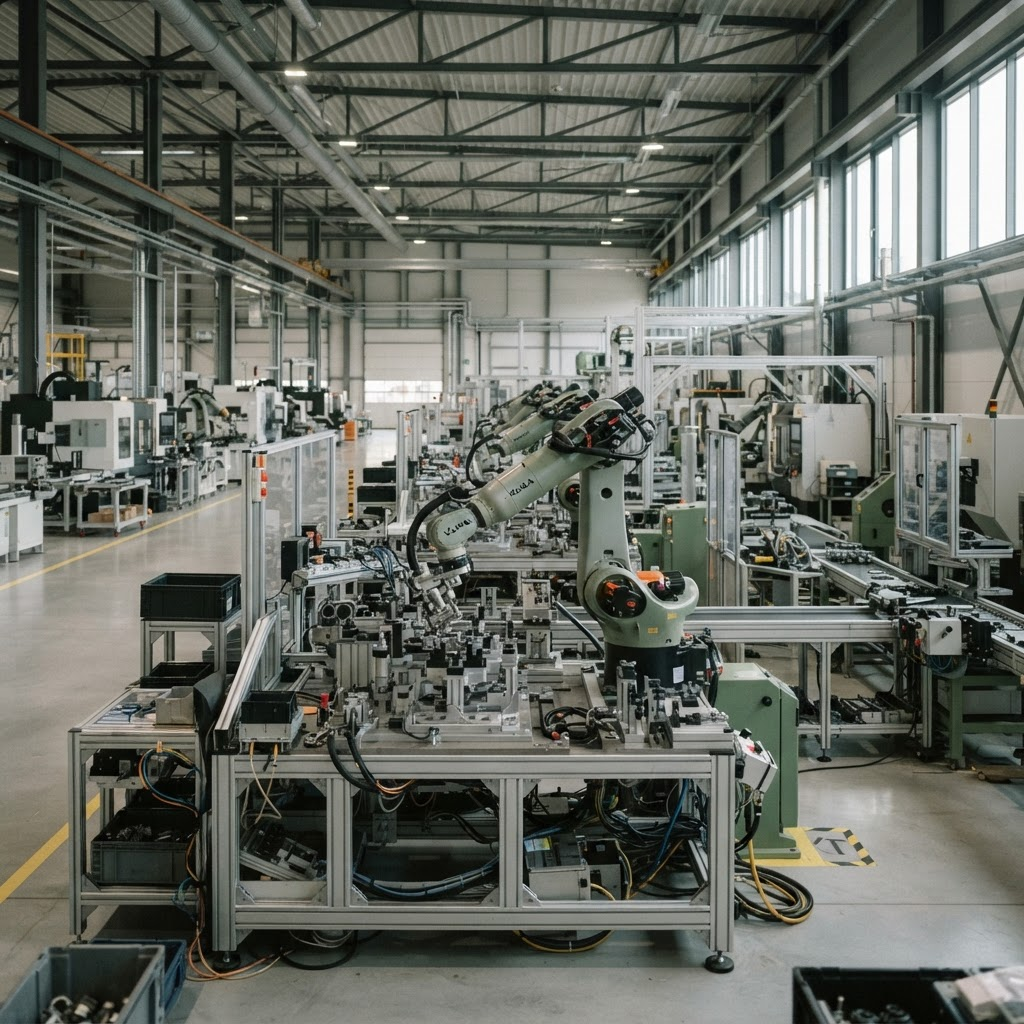 Advanced manufacturing facility interior with robotic assembly arms